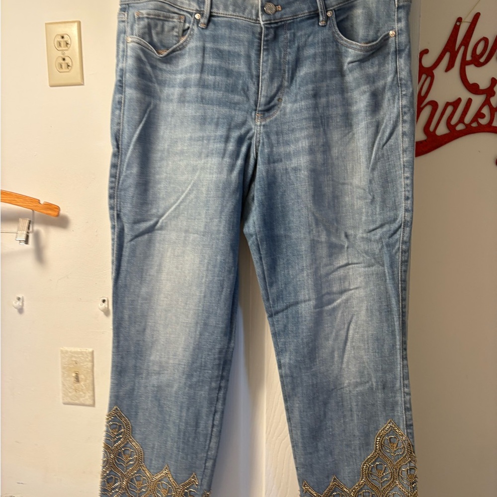 White House Black Market crop jeans with beaded gold size 14 EUC - Picture 6 of 10